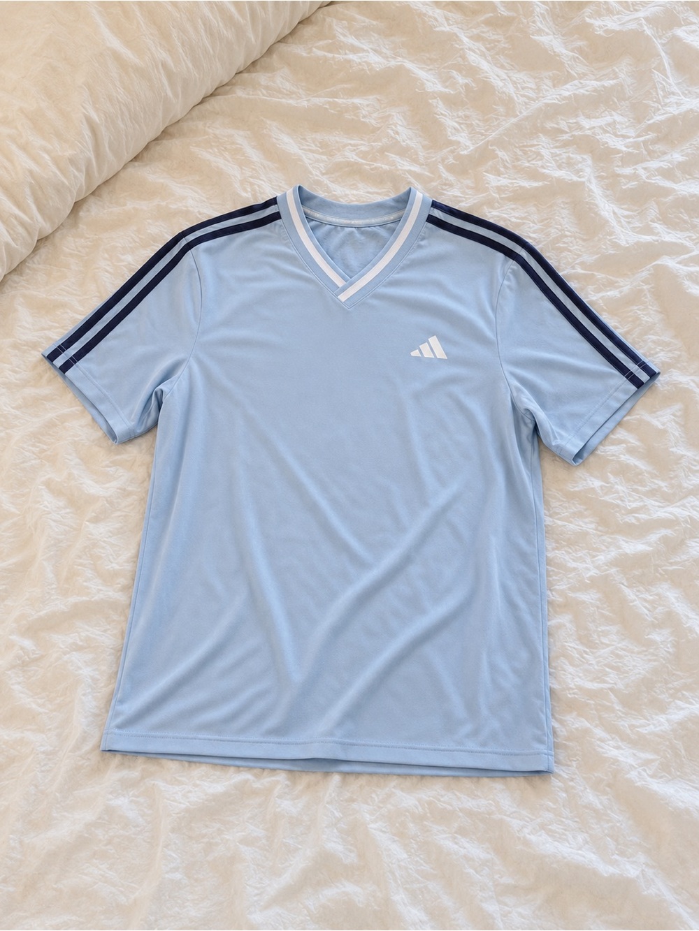 adidas Light Blue V-Neck Athletic Jersey with Navy Shoulder Stripes Sz XL